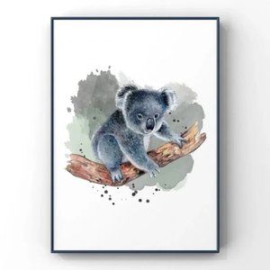 Blue grey watercolor Koala portrait wall art home decor poster print